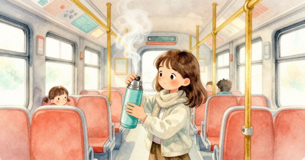 Nora 轉動保溫瓶蓋，茶氣在車廂中裊裊升起，光與影交織間展示溫馨與夢幻。