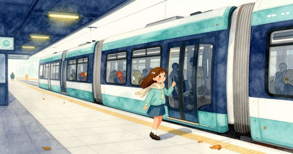 Nora 禮貌地下車，站台光線柔和，腳邊飄舞著落葉，她小心抱著珍貴的木拱門走向未來。