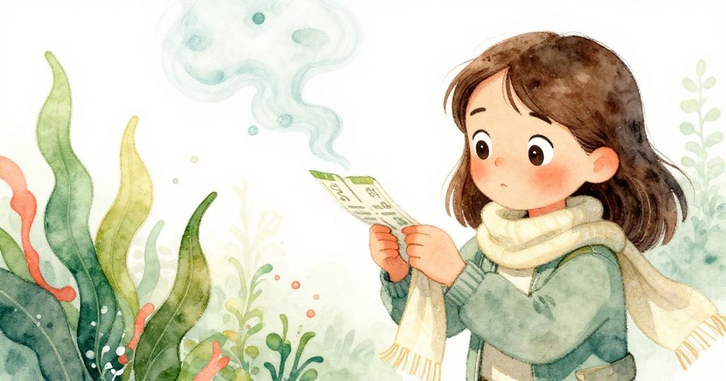 Nora 快速摺起圍巾抵住格柵，眼神專注中帶著淡淡憂慮，試圖擋住茶水與零散票根的飄散。