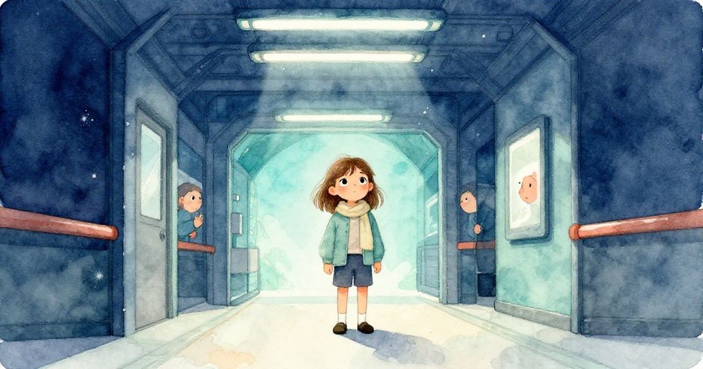 Nora 站在空曠站廳前，濕潤圍巾映襯堅定目光，前方燈光閃爍引領著希望與未來之路。