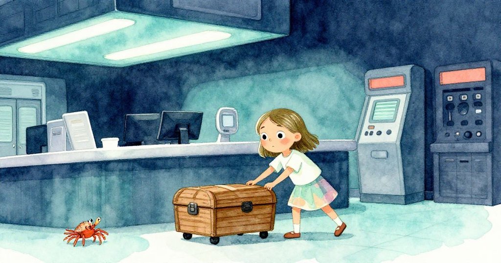 Lyra急忙推著木箱在櫃台上前行,角度傾斜展示票機、金屬椅與地板細節,充滿神秘緊張與好奇情緒。