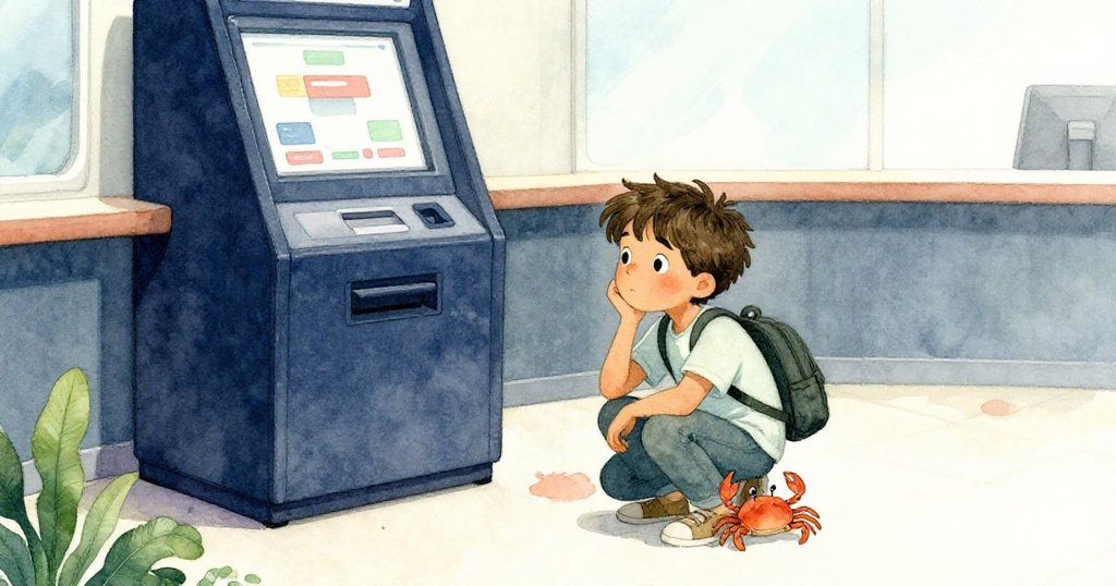 Hector蹲在票機旁,小螃蟹與現代櫃台平行呈現,背包輕響,眼神流露驚奇與專注情緒。