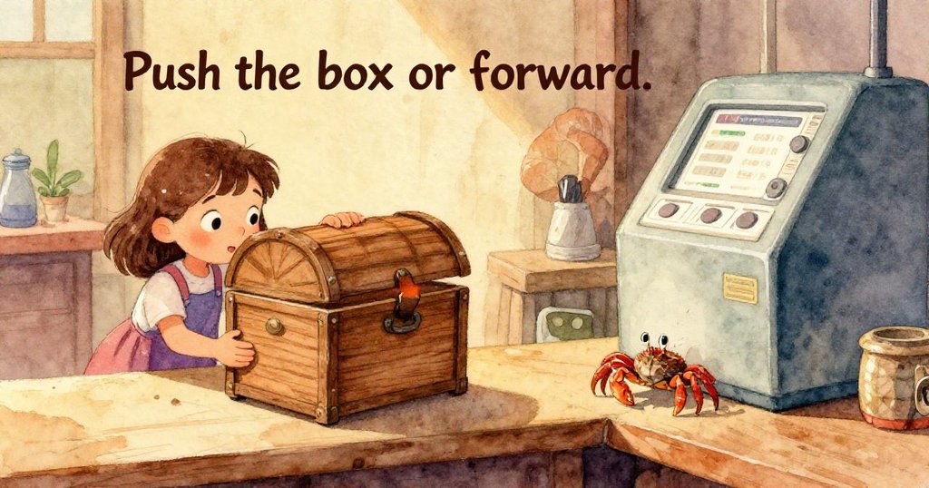 Lyra視角下雙手輕觸包裹放在數字磅秤上,紅數字閃耀呈現過重狀態,透露專注與緊張心情。