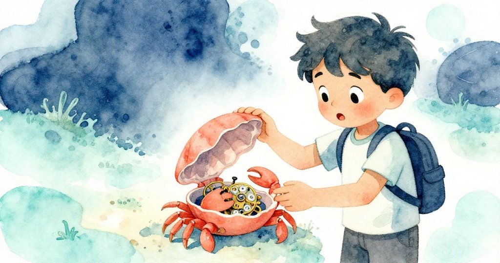 Hector小心掀起螃蟹殼,露出隱藏發條機構,表情驚訝好奇,動作與物件連鎖展現神秘發現。