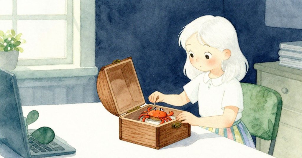 Lyra溫柔封蓋木箱,內藏滴答發條螃蟹,在表格桌前完成包裹,呈現結局離別與安心溫馨情感。