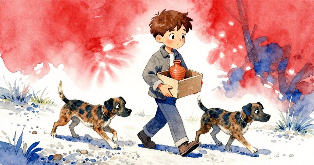 Troy小心提著溫暖陶瓷盒,與狗同行走在碎石小徑上,陽光透過雲霞灑下,表情專注,故事剛開始的寧靜場景。