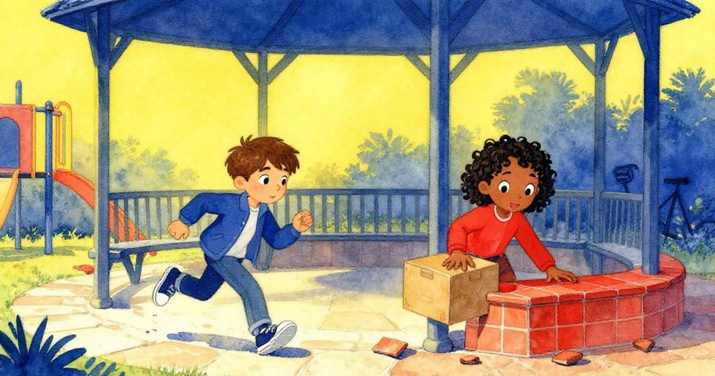 Joy從遊樂場飛奔而來與Troy共同調整露台邊鬆動石板,腳步聲與石板輕響互動,場景充滿協作與緊迫氣氛。