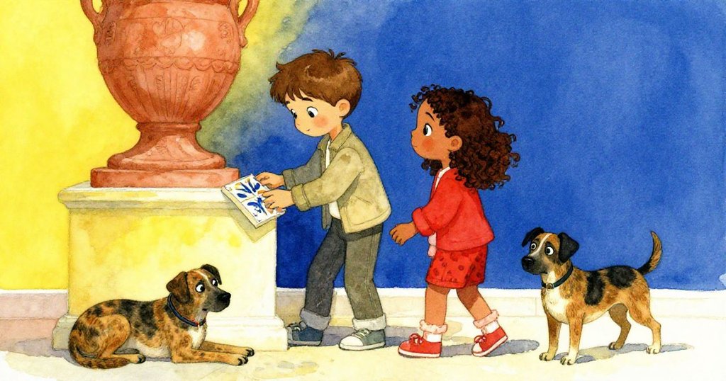 Joy用靈巧雙指撥除卡住樹枝令石板穩固,Troy滿意凝望,狗安逸蜷縮在石旁,整個場景恢復平靜與溫馨。