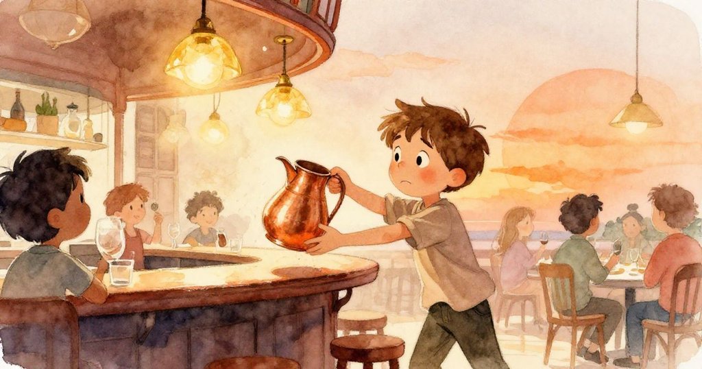 拉爾斯在溫暖餐廳中滑動銅水壺，穿梭桌間燈光輝映，神情充滿期待與活力，展開冒險序章。