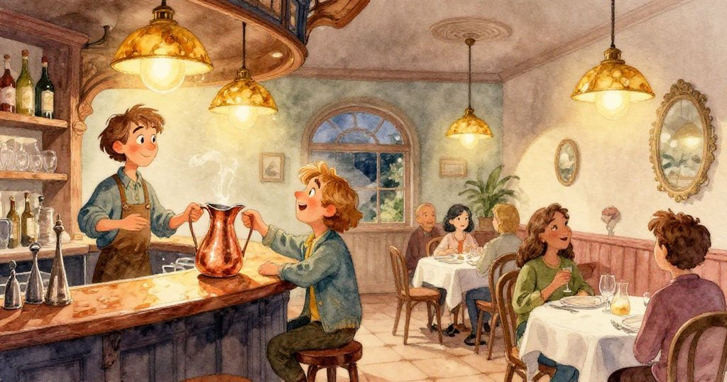 桌邊瓷器飾品與甜點匙近拍，細膩互動中蘊含歷史感，物件微妙搖晃，充滿溫柔詩意。