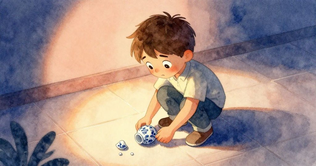 拉爾斯俯身在瓷磚上拾起跌落飾品，神情關切堅定，高角度展現混亂中流露出希望與決心。