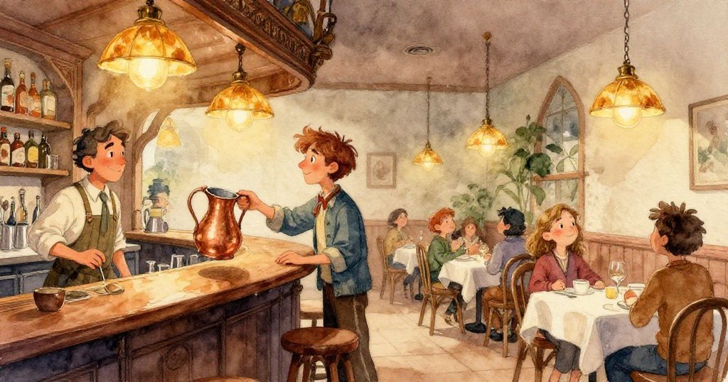 家庭成員在入口處蜜色菜單板旁靜候，溫暖光線滲透室外景致，氣氛靜謐期待，展現故事發展。