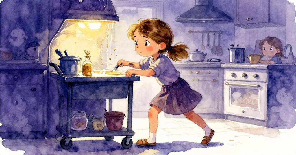 塔拉從廚房邁出穩住移動推車，神情堅毅果斷，展現勇氣化解混亂的瞬間，氣氛充滿緊張與希望。