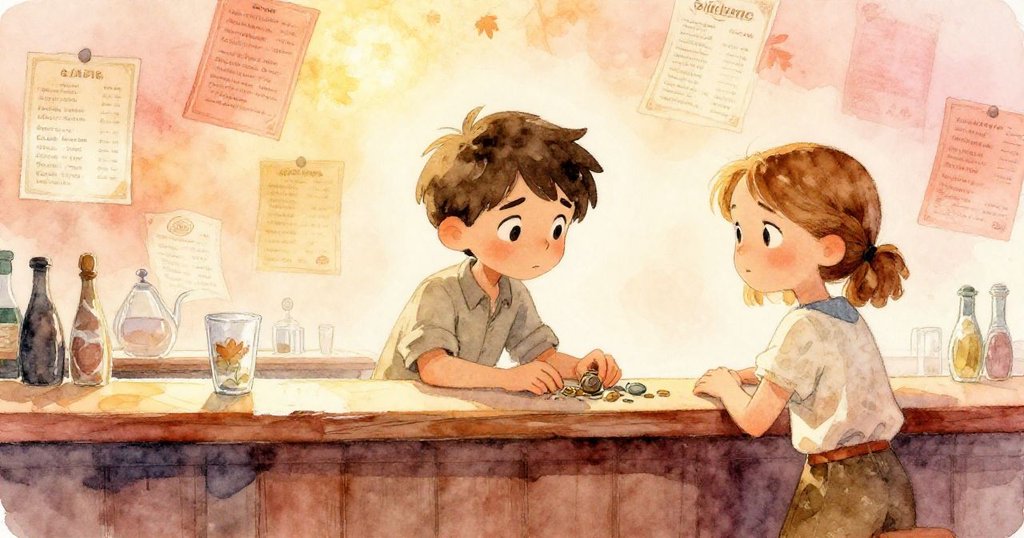 拉爾斯將找回飾品穩放櫃台，塔拉露出寬慰微笑，散落菜單如秋葉輕舞，締造溫馨解決局面。