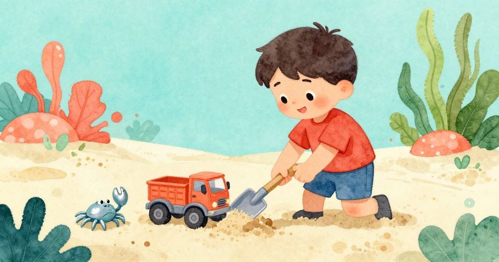 肯特在沙坑邊用塑膠鏟子舀沙子,輕推玩具車清理出路,旁邊螃蟹玩具停留,他動作專注且環境明亮。