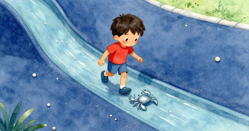 肯特從高處俯視跟隨螃蟹玩具,橡膠地磚上水流閃亮,場景展現細膩的水道和濕潤遊樂場。