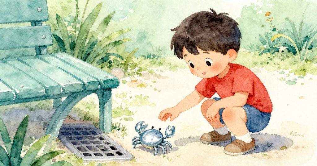 肯特走向遊樂場安靜區,在長椅旁引導螃蟹玩具走向開放的排水孔,背景有攀爬架,他動作輕柔專注。