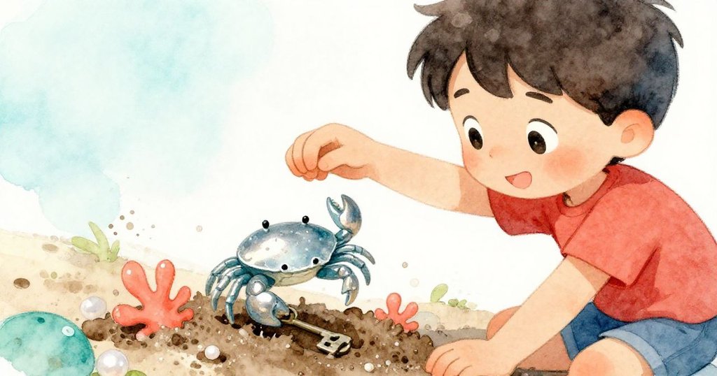 肯特小心翻轉螃蟹玩具,露出泥土下閃亮的轉動鑰匙,他專注且驚喜,光線明亮細節豐富。