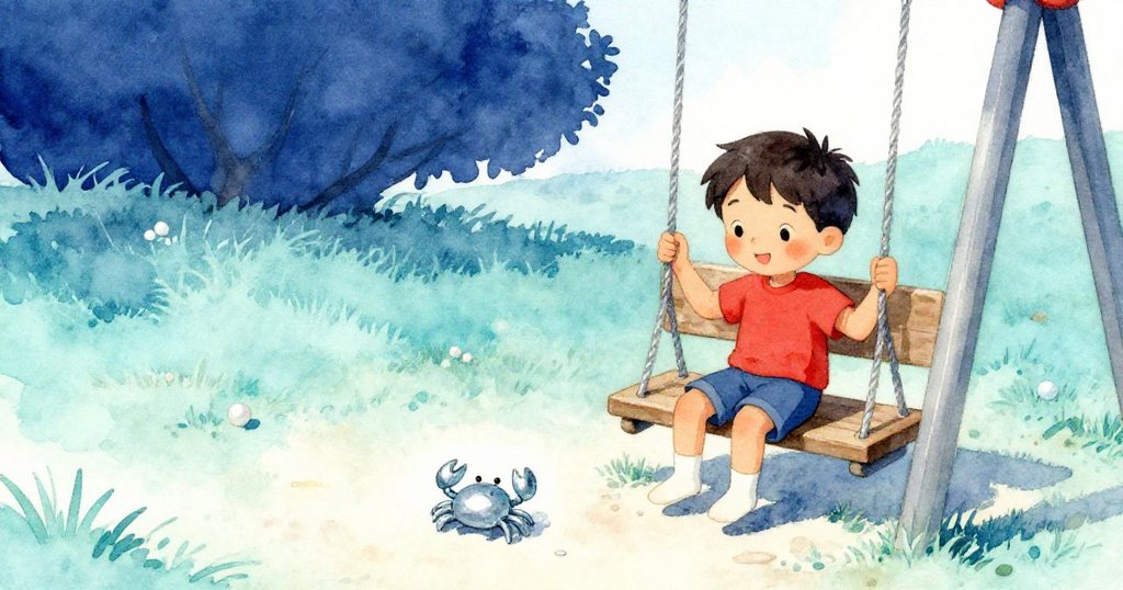 肯特將螃蟹玩具放在長椅上,微笑看著背景輕柔擺動的鞦韆,整個遊樂場顯得平靜溫馨。