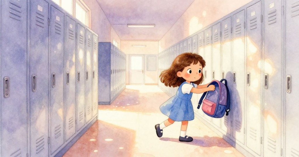 克拉拉在學校走廊裡將背包放入金屬置物櫃，反射中呈現她活潑又專注的神情，空氣中散發著淡淡香氣