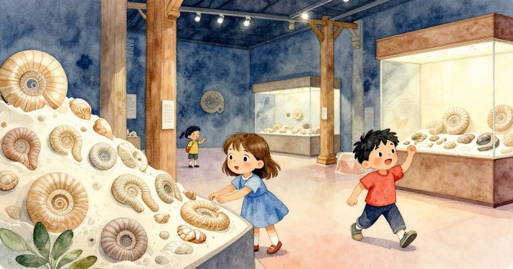 克拉拉和萬斯走進展覽大廳，背景中展示著化石、分層貝殼和木柱，兩人流露出對古老歷史的驚奇與探索熱情