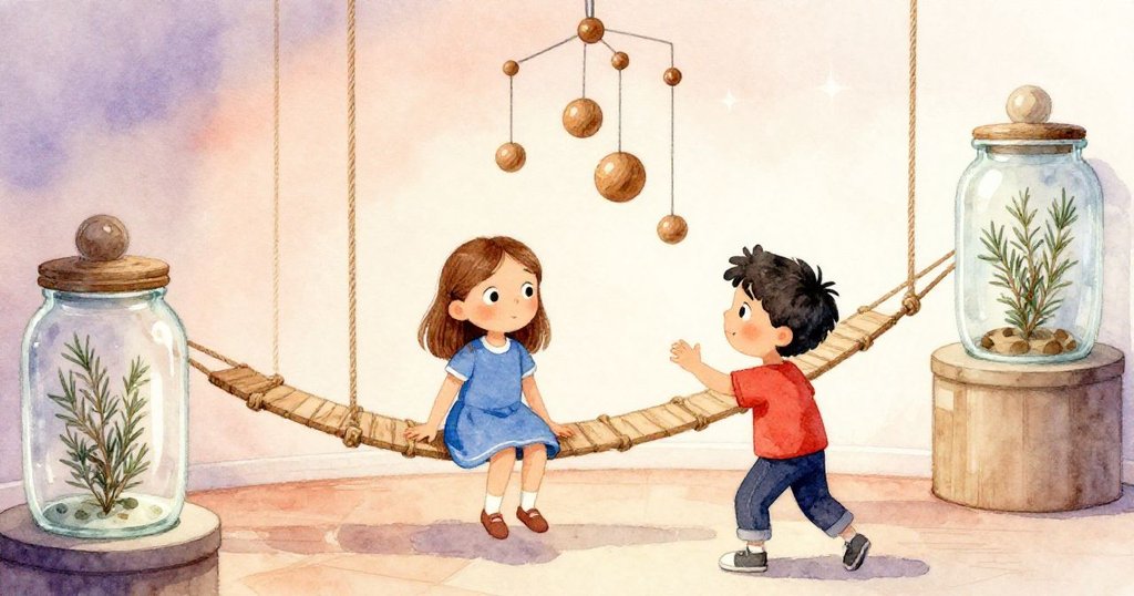 互動角落中，繩橋輕輕搖晃，懸掛的木球飾物使玻璃香草罐微微顫動，現場充滿溫柔而神秘的氛圍