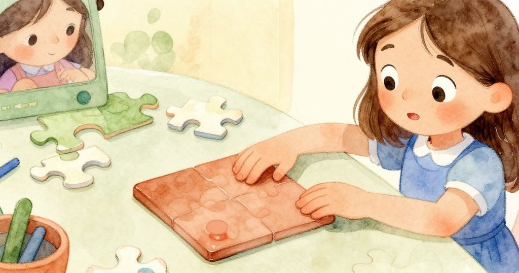 克拉拉專注於桌上散落著香氣黏土拼圖，她的手輕輕推動一塊肉桂色瓷磚，眼神充滿決心與好奇