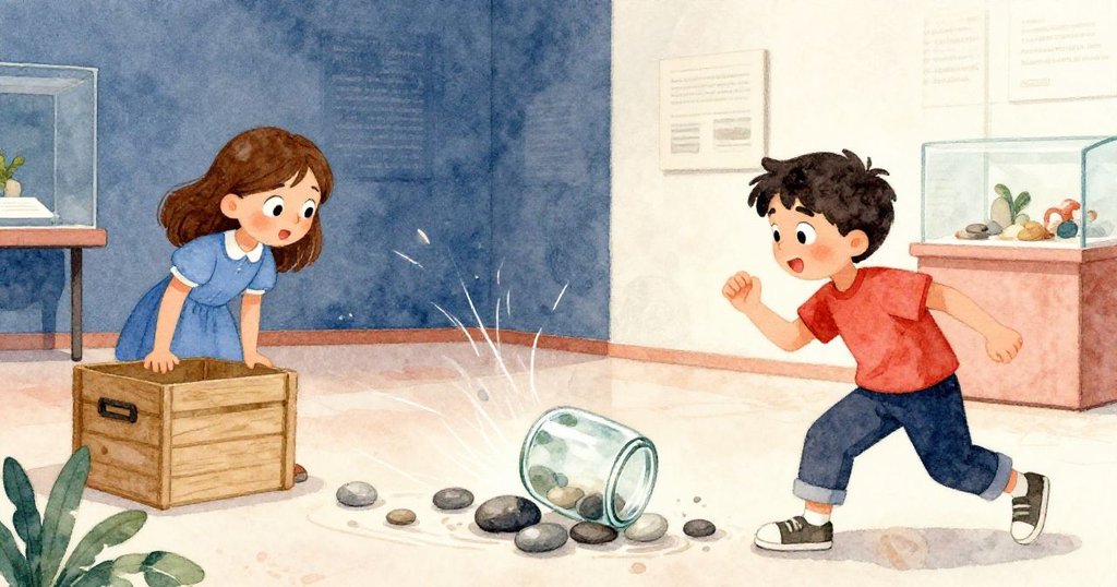 萬斯急忙支撐著箱子，克拉拉迅速接住傾斜的玻璃罐，隨著小石子跳動，兩人表情充滿驚訝與團隊合作精神