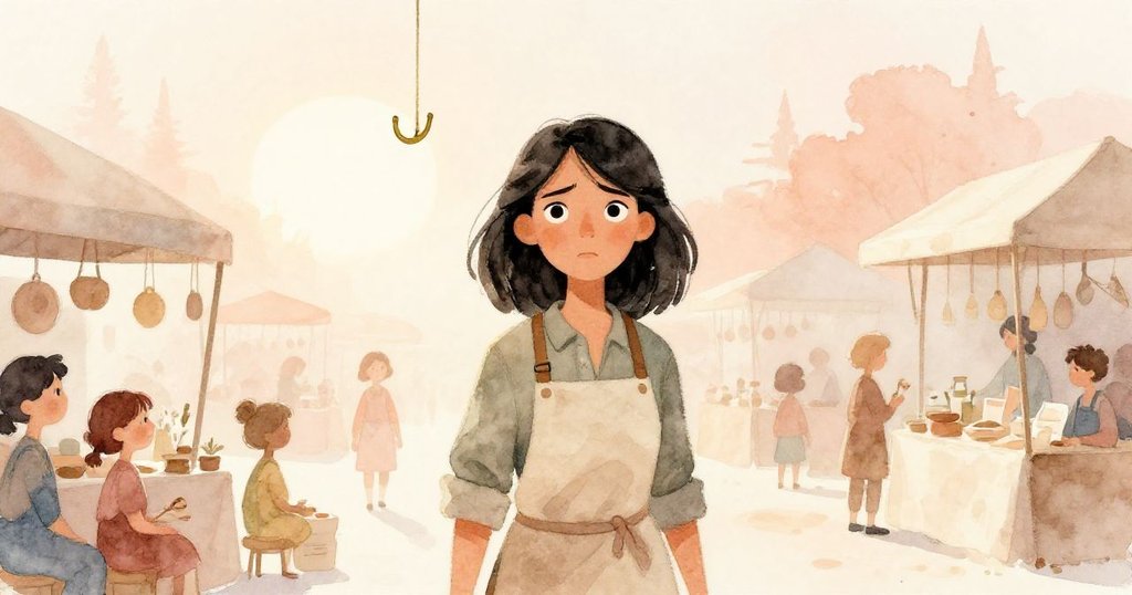 菲恩在晨曦中站於市場攤位前,注視著缺水壺的銅鉤,背景溫暖柔和,輪廓清晰,流露出淡淡憂慮