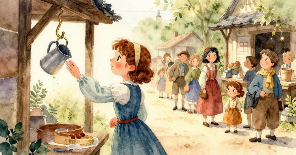 菲恩專注凝視市場中缺失水壺處的銅鉤,她的眼神充滿堅定與憂慮,細節豐富,情感流露明顯