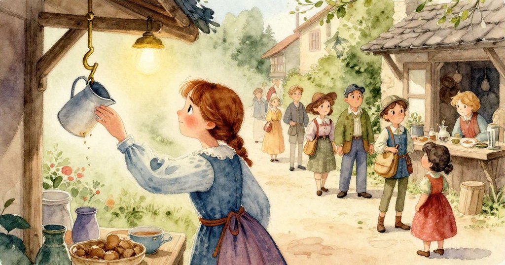 市場室外,釉面碗傾倒細流,水流擊打石板並喚起鴿子驚飛,背景透露溫暖晨光,現場氣氛生動