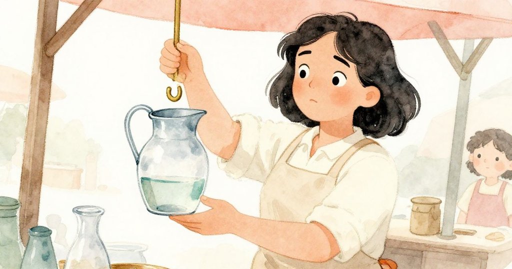 菲恩回到攤位輕放半滿水壺於銅鉤上,臉上滿是舒緩與釋然,市場背景溫暖寧靜,故事完美落幕