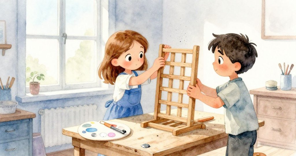 晨曦中，Thea 與 Joel 聚焦於工作台前，Thea輕觸鋸末，Joel穩固木板，室內充滿溫暖光線與期待情緒。