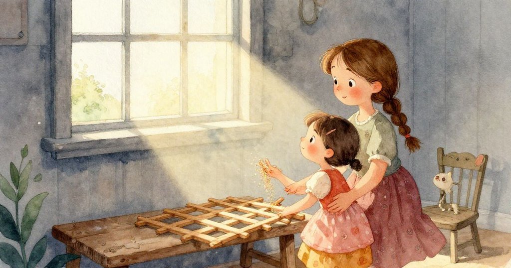 Thea專注操作銅尺，細節清晰呈現木板紋理與鋸末，溫柔光線映襯下展現精準動作與細膩手法。