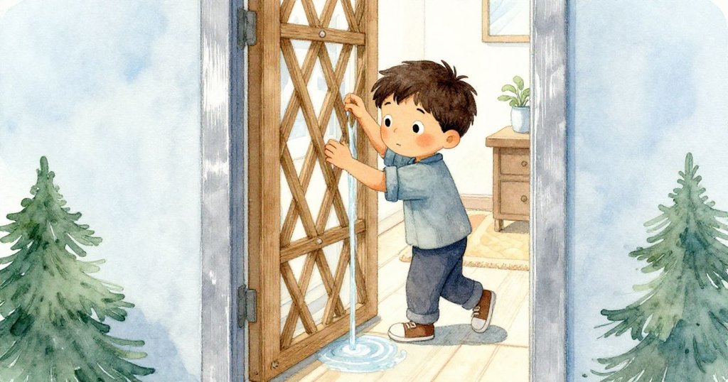 透過門縫，Joel專注調整木板，水流靜靜掠過地面，室內光影柔和，呈現用心動作與細膩環境。