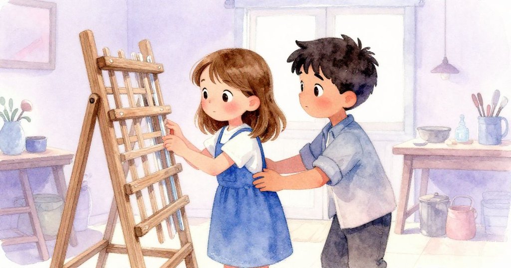 Thea與Joel重新檢查木架之間的空隙，思索中流露希望與謹慎，淡紫色光影營造回憶氛圍，室內溫情盎然。