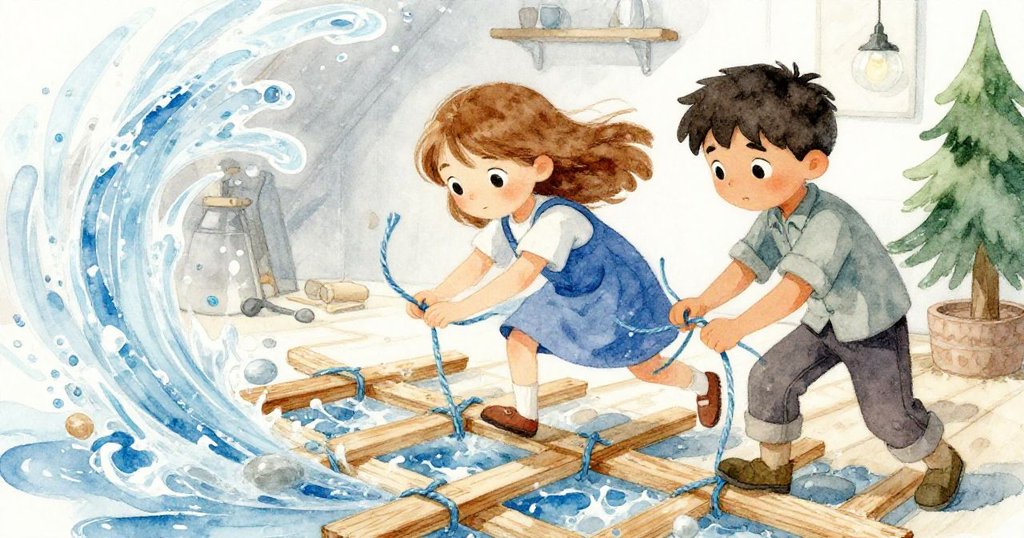 Thea與Joel迅速綁上藍色繩索，水流攜帶細纖維旋轉，場景急促動感，臉上流露堅定與緊張情緒。