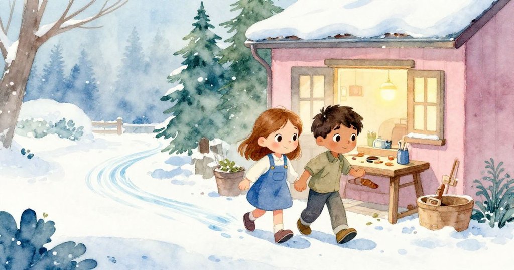 Thea與Joel走進側院，臉上洋溢著期待與輕鬆，背景水流持續，室內外銜接溫馨，展開新任務對話。