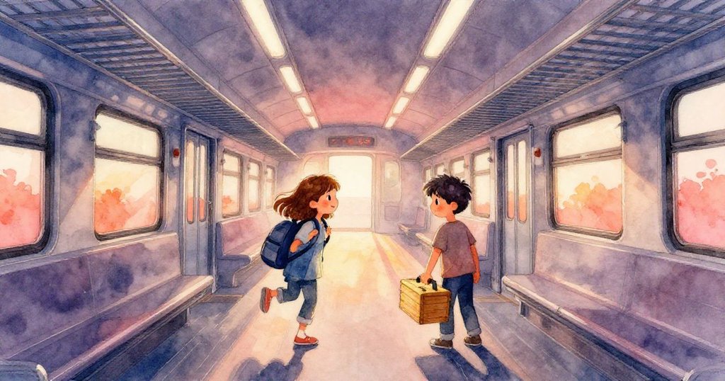 Viola揮舞著背包掛上金屬掛架，Amos穩握著工具箱，火車車廂內燈光明暗交錯，氛圍溫暖且充滿期待。