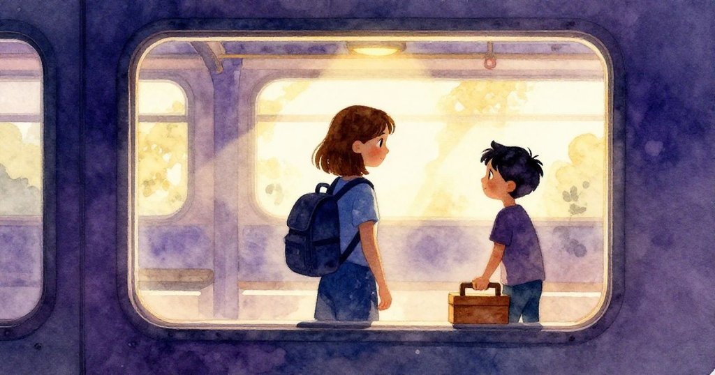 透過車窗凝眸，Viola與Amos沉思看著外面光影流轉，建築柱影交錯，氛圍充滿期待與變化。