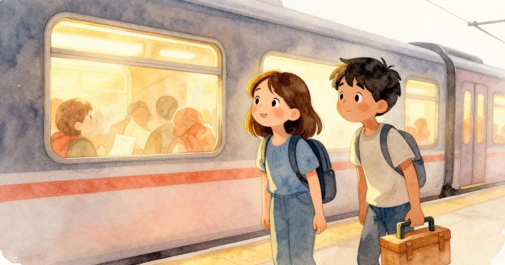 火車接近車站，Viola與Amos凝神望向窗外，溫暖金色燈光映現室外景致，充滿緊張期待。