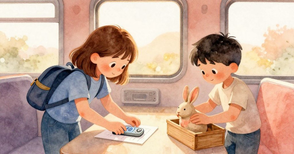 Viola與Amos在車廂內合作，Amos救下翻譯器放在報紙上，Viola則溫柔包裹黏土野兔，臉上流露著放鬆與決心。