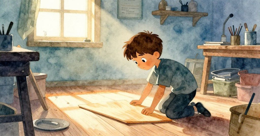 在明亮的工作坊中,Joel 以剪影姿態細看薄枫木板,背景溫暖,展現創作起始的期待與專注。