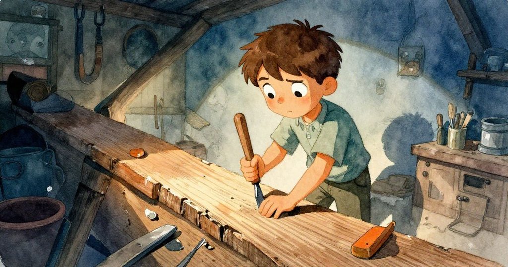 透過變形視角,Joel 用凿子沿著粗糙木邊努力雕琢,畫面突顯出木紋質感與他專注的表情。