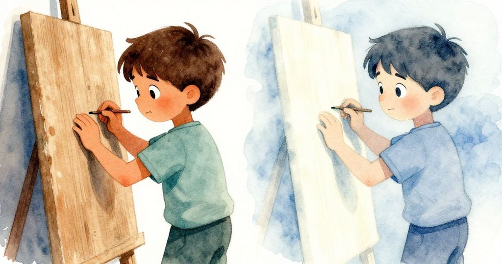 在工作坊中,畫面一半展現Joel仔細修整舊木板,另一半呈現他夢想中的完美面貌,融合現實與幻想對比。