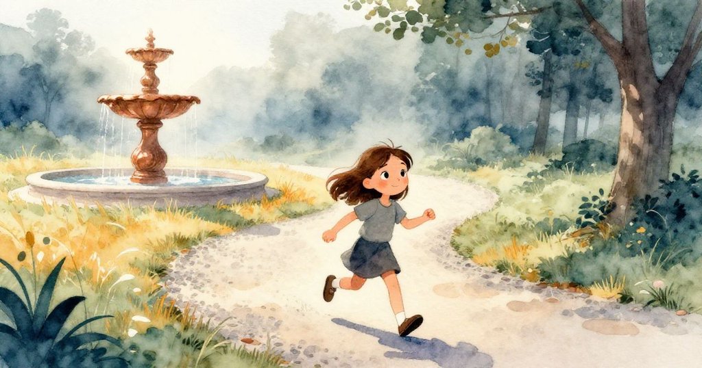 Viola走在霧氣籠罩的公園小徑上，肩挾手提箱，柔和晨光映照噴泉與金色草叢，滿懷期待前行。