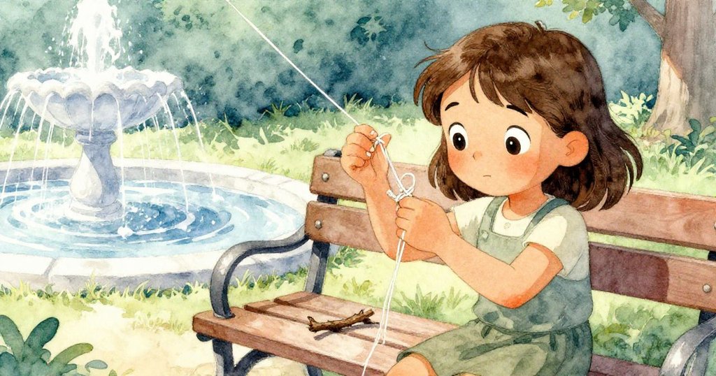 Viola坐在噴泉旁的長椅上，專注地用指甲與枯枝檢查糾結的風箏線，細節清晰情感堅定。