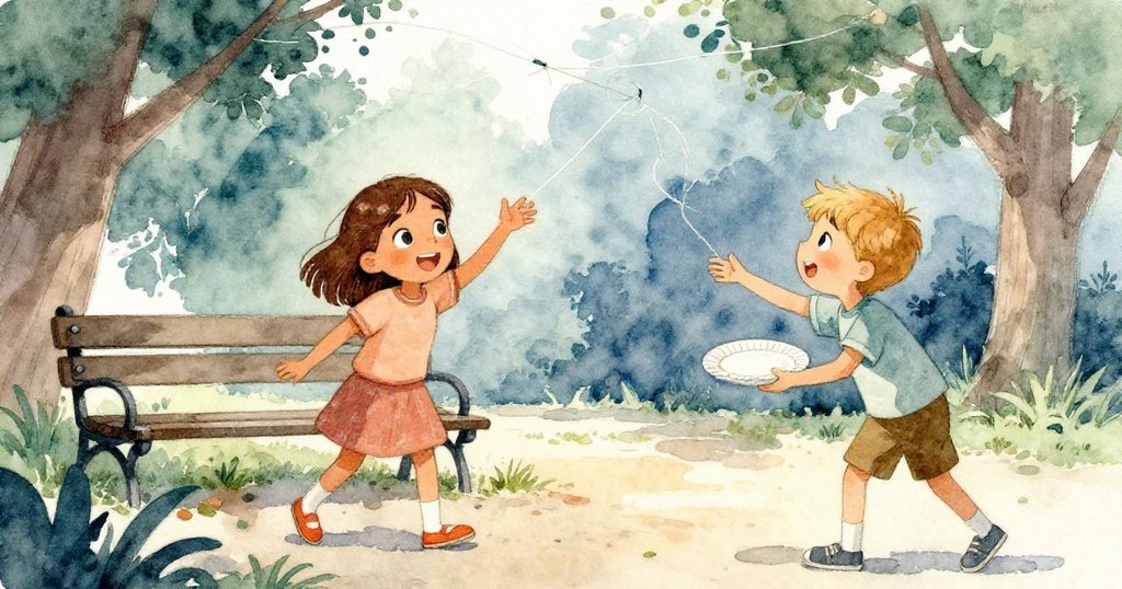 Viola視角中見到Cruz帶著紙盤走近，兩人共同準備解開糾結風箏線，互動協作溫馨，公園背景細膩。