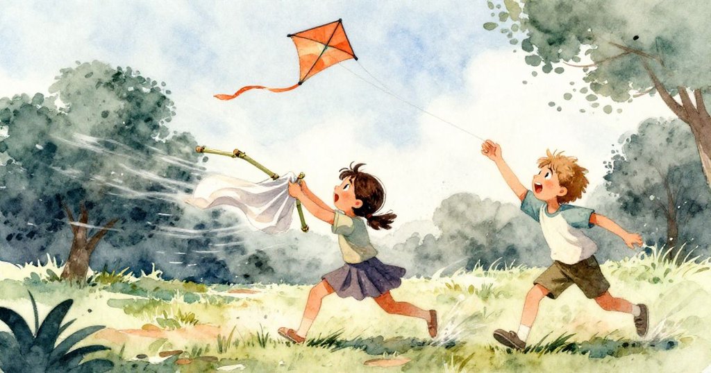 強風突然捲起風箏，Cruz猛沖上前穩住竹架，Viola急舉濕布，兩人神情急切，背景風勢明顯。