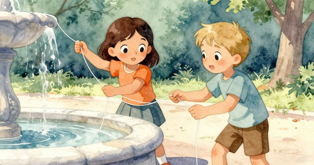 風箏落於石邊後，Cruz與Viola合作交替拉扯旋轉風箏線，雙手忙碌神情堅定，場景平靜溫暖。